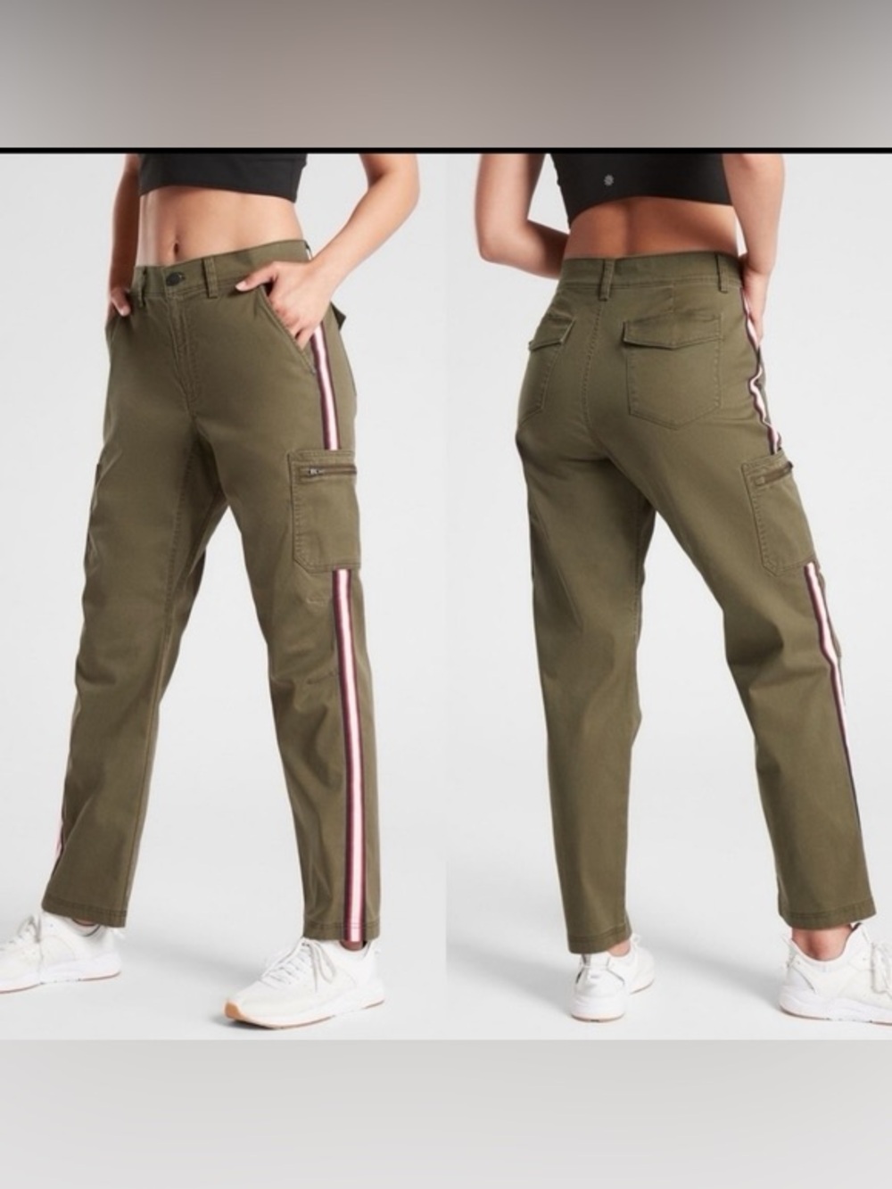 Athleta Summit Cargo Pants Womens 16 Olive Green Striped Utility Ankle Pants